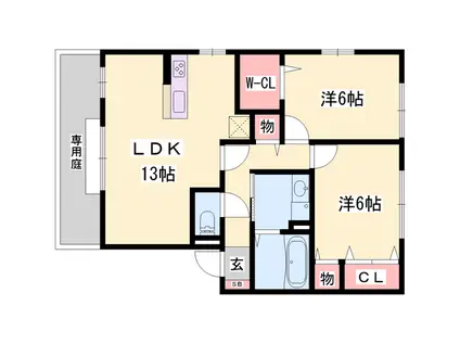 エヴァーコート段町 B棟(2LDK/1階)の間取り写真
