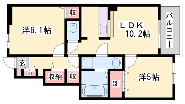 ル・レーブ坂上Ⅱ(2LDK/1階)の間取り写真