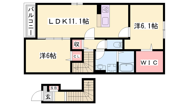 ヴィラ ドゥ グレーヌ梅ケ谷D(2LDK/2階)の間取り写真