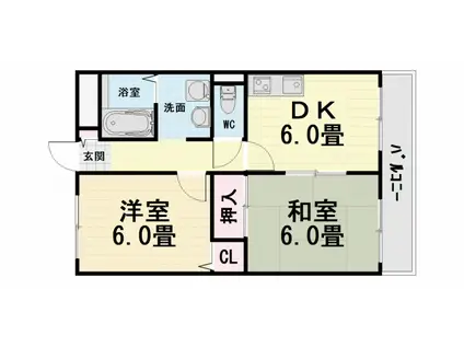 阪和線 鳳駅 徒歩10分 2階建 築31年(2DK/2階)の間取り写真