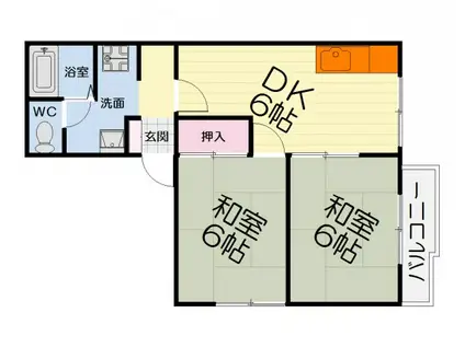 阪和線 富木駅 徒歩19分 2階建 築36年(2DK/2階)の間取り写真