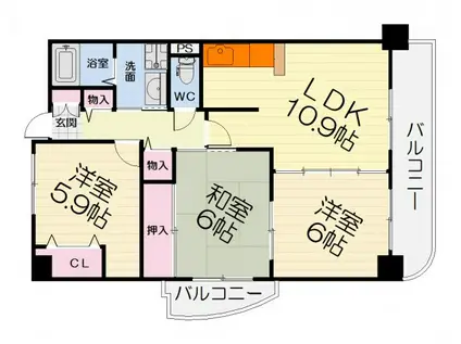 阪和線 和泉府中駅 徒歩6分 4階建 築25年(3LDK/2階)の間取り写真