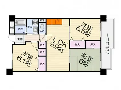 阪和線 津久野駅 徒歩7分 7階建 築30年(3LDK/7階)の間取り写真