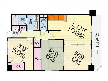 阪和線 和泉府中駅 徒歩6分 4階建 築25年(3LDK/1階)の間取り写真
