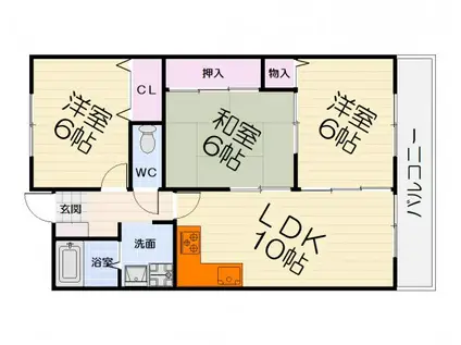 阪和線 鳳駅 徒歩8分 7階建 築32年(3LDK/6階)の間取り写真