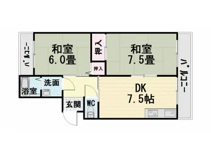 阪和線 富木駅 徒歩7分 3階建 築46年(2DK/2階)の間取り写真