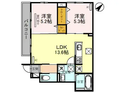 阪和線 北信太駅 徒歩7分 2階建 築3年(2LDK/1階)の間取り写真