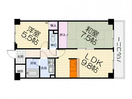 阪和線 津久野駅 徒歩9分 7階建 築30年(2LDK/6階)の間取り写真