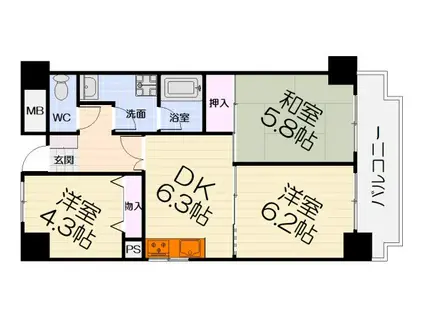阪和線 北信太駅 徒歩10分 10階建 築32年(3DK/3階)の間取り写真