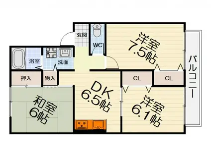 南海電鉄南海本線 松ノ浜駅 徒歩7分 2階建 築32年(3DK/1階)の間取り写真