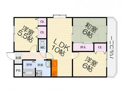 阪和線 津久野駅 徒歩16分 5階建 築30年(3LDK/3階)の間取り写真