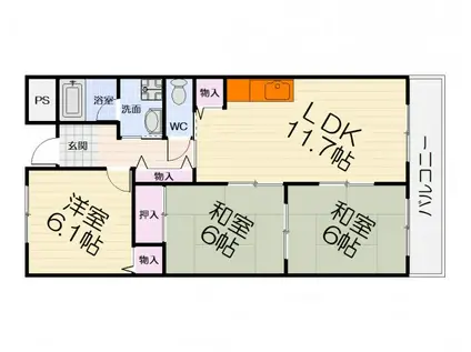 南海電鉄南海本線 羽衣駅 徒歩7分 6階建 築29年(3LDK/4階)の間取り写真