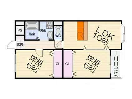 阪和線 上野芝駅 徒歩17分 4階建 築34年(2LDK/3階)の間取り写真
