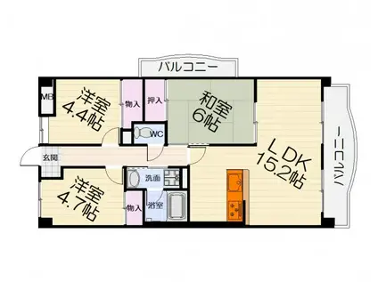 阪和線 信太山駅 徒歩9分 6階建 築28年(3LDK/6階)の間取り写真