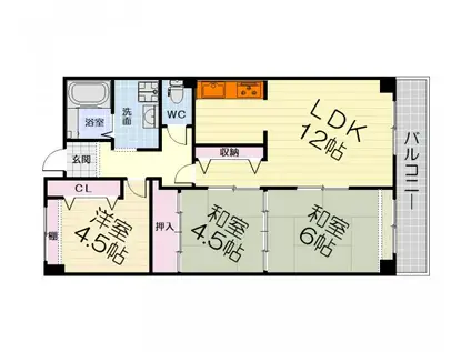 阪和線 和泉府中駅 徒歩12分 5階建 築30年(3LDK/1階)の間取り写真
