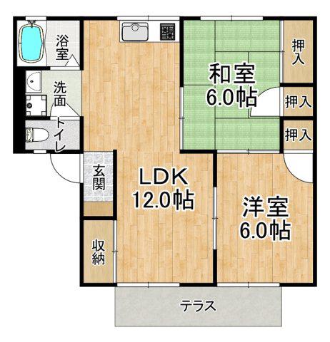 山陽本線 明石駅 バス乗車時間:16分 日向前バス停で下車 徒歩5分 2階建 築33年(2LDK/1階)の間取り写真