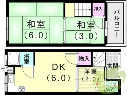 山陽電気鉄道本線 山陽須磨駅 徒歩6分 2階建 築55年(3DK)の間取り写真