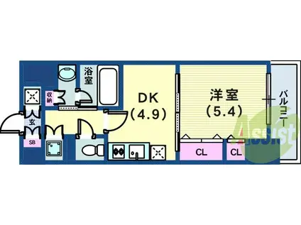 レジディア神戸磯上(1K/15階)の間取り写真
