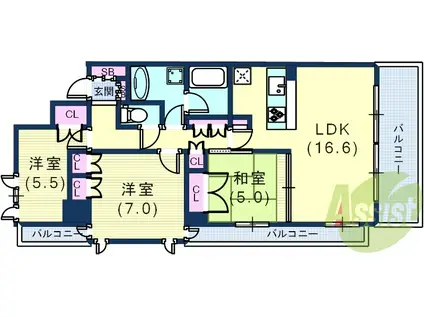 アーバネックス三宮磯辺通(3LDK/8階)の間取り写真