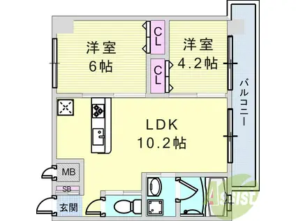 プリオーレ神戸大開通(2LDK/8階)の間取り写真