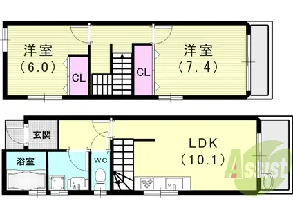 山陽本線 新長田駅 徒歩6分 2階建 築1年(2LDK)の間取り写真