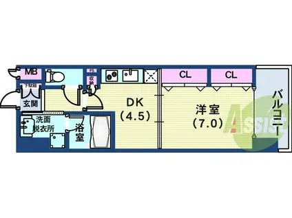 プレジール三ノ宮3(1DK/7階)の間取り写真