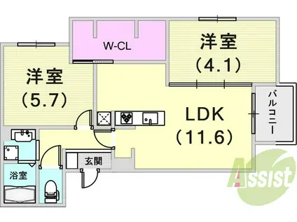 グレイスコート神戸山本通(2LDK/1階)の間取り写真