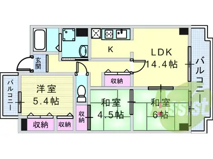 阪急電鉄神戸線 西宮北口駅 徒歩14分 6階建 築28年(3LDK/4階)の間取り写真