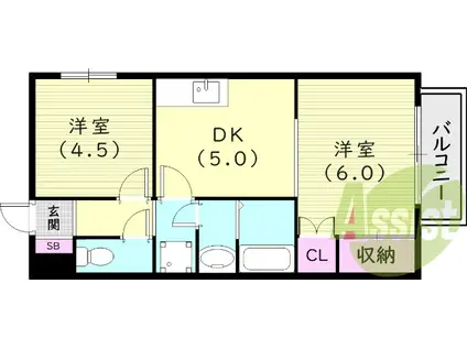 阪急電鉄甲陽線 苦楽園口駅 徒歩7分 2階建 築28年(2DK/2階)の間取り写真