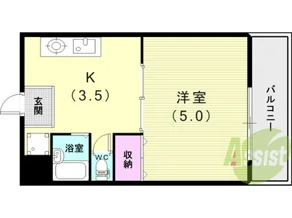 東海道本線 甲子園口駅 徒歩10分 5階建 築35年(1DK/4階)の間取り写真
