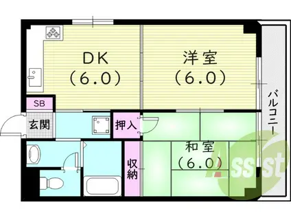 阪急電鉄神戸線 西宮北口駅 徒歩13分 3階建 築37年(2DK/3階)の間取り写真