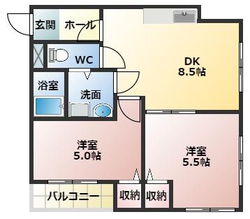 メビウス道明寺レジデンス東館(2DK/3階)の間取り写真
