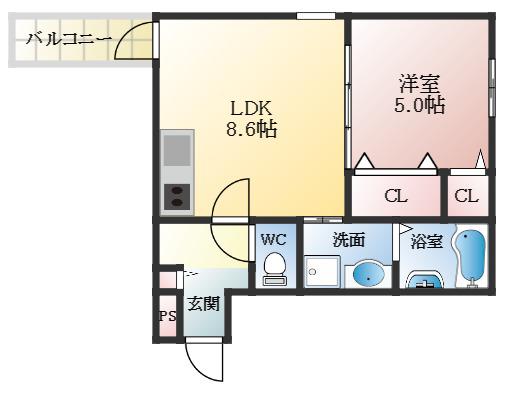 フジパレス法善寺(1LDK/3階)の間取り写真