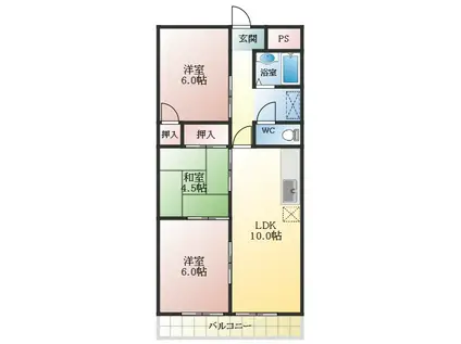 玉手山内外ハイツ(3LDK/2階)の間取り写真