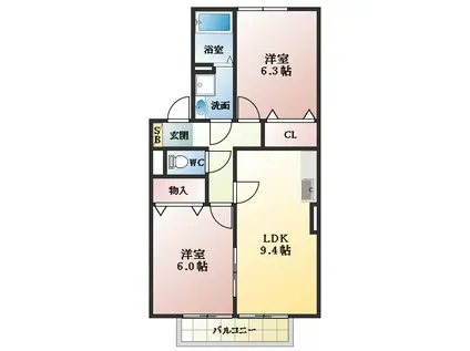 プルーニア天美B棟(2LDK/1階)の間取り写真