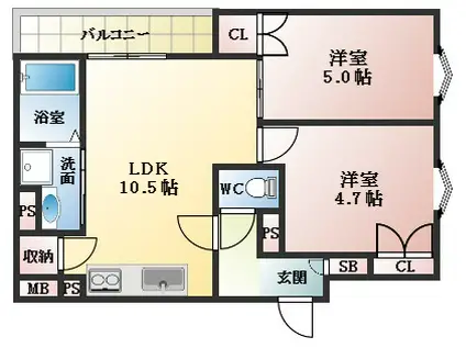 クリエオーレ田辺(2LDK/3階)の間取り写真
