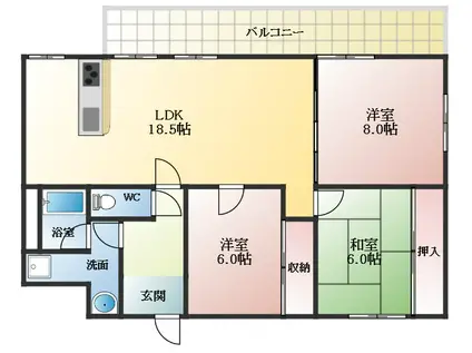 ハウスフル ヨシヒロ(3LDK/4階)の間取り写真