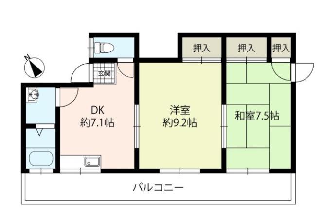 ハイコーポ羽曳が丘1号棟(2DK/1階)の間取り写真