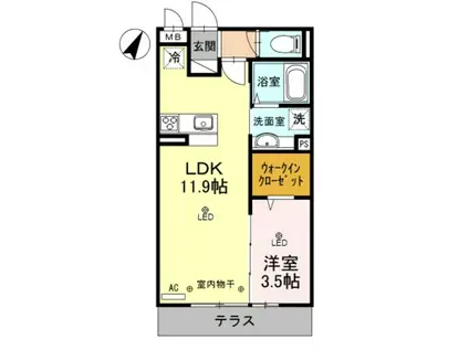 フラッシングメドウ狭山(1LDK/3階)の間取り写真