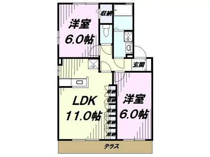 クレスト B棟(2LDK/1階)の間取り写真
