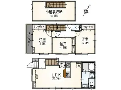 サンライズ国立Ⅱ(1SLDK/1階)の間取り写真