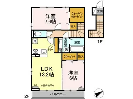 けやき 弐番館(2LDK/2階)の間取り写真