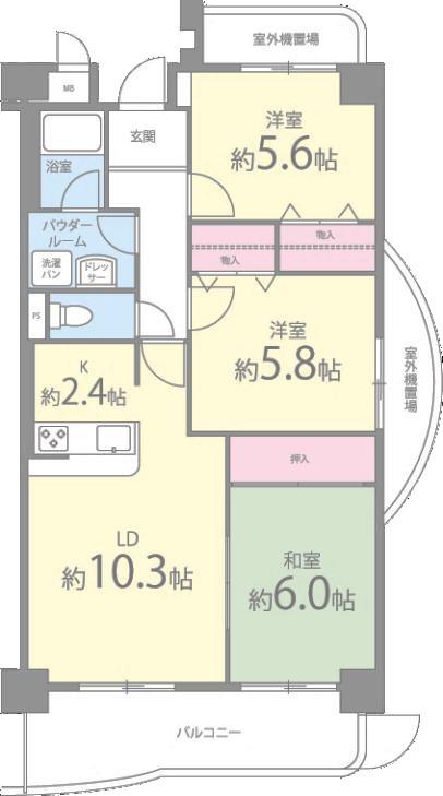 近鉄大阪線 高安駅 徒歩10分 7階建 築27年(3LDK/2階)の間取り写真