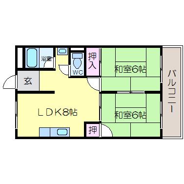 関西本線 八尾駅 徒歩9分 4階建 築55年(2DK/4階)の間取り写真