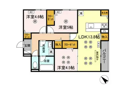 トリシア 東大利(3LDK/2階)の間取り写真