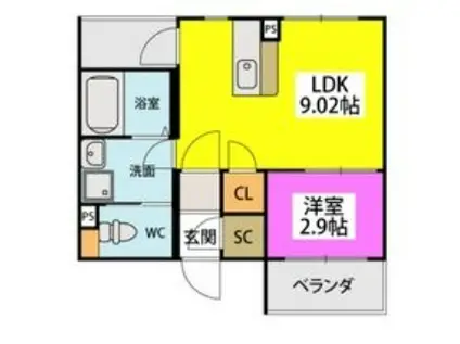 レジデンシャルジェム井尻(1LDK/4階)の間取り写真
