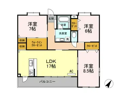 鹿児島本線 南福岡駅 徒歩12分 5階建 築9年(3LDK/1階)の間取り写真