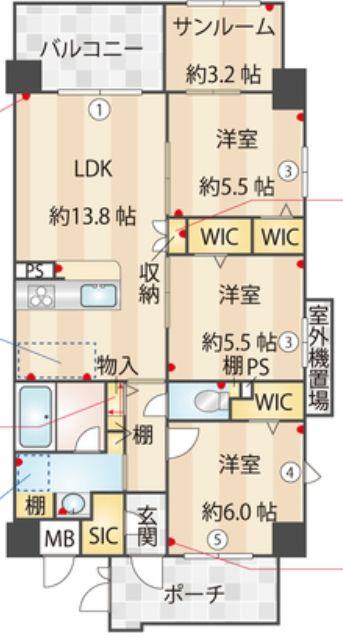 西鉄天神大牟田線 井尻駅 徒歩5分 8階建 築3年(3SLDK/5階)の間取り写真