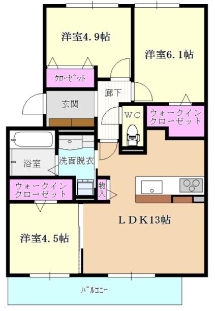 メルヴェイユ今光(3LDK/1階)の間取り写真
