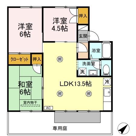 セジュール・プルニエB棟(3LDK/1階)の間取り写真